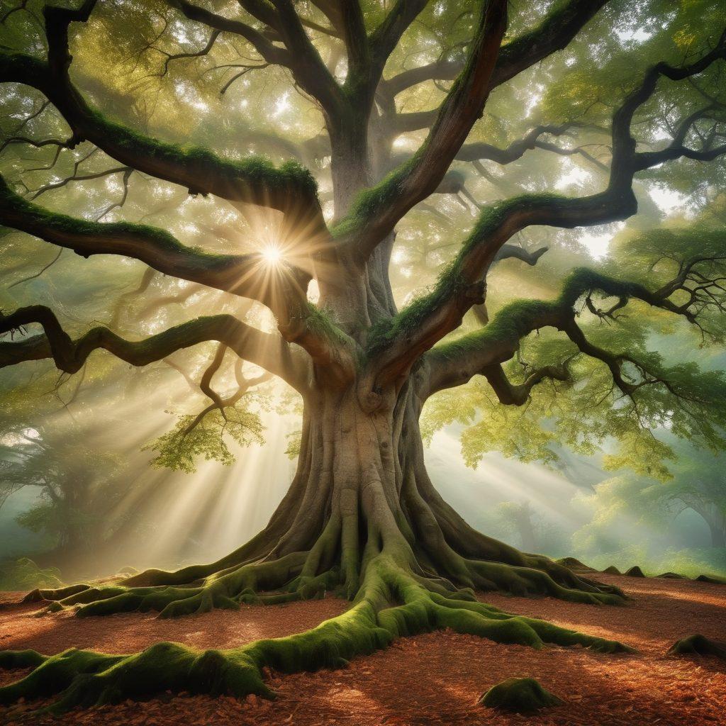 A mystical tree with sprawling roots and branches, intricately intertwined with old family photographs, historical documents, and cultural artifacts hung from the limbs. The scene includes a misty background symbolizing mystery and exploration, with vibrant earth tones highlighting the depth of heritage. Soft rays of sunlight filter through the leaves, casting a warm, welcoming glow. super-realistic. vibrant colors. soft focus.