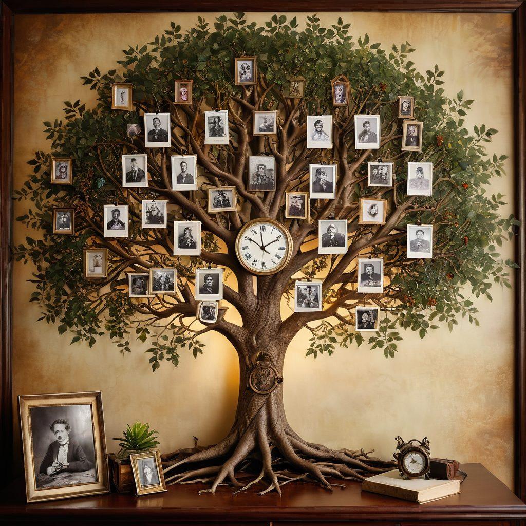 An intricate family tree sprawling across the canvas, with roots elegantly intertwining and branches flourishing with vintage photographs of diverse ancestors. A compass and magnifying glass lie at the base, symbolizing exploration and discovery. Soft, warm tones illuminate the background, creating a nostalgic ambiance. super-realistic. vintage style. warm colors.